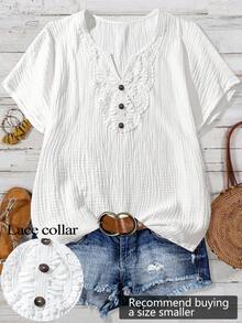 Linhara Plus Size Solid Color Lace Patchwork Notch Neck Casual Short Sleeve Shirt - White - View 1