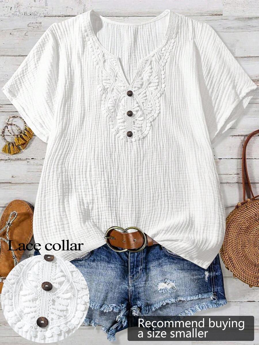 Linhara Plus Size Solid Color Lace Patchwork Notch Neck Casual Short Sleeve Shirt - White - View 1