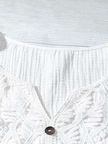 Linhara Plus Size Solid Color Lace Patchwork Notch Neck Casual Short Sleeve Shirt - White - View 6