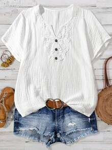 Linhara Plus Size Solid Color Lace Patchwork Notch Neck Casual Short Sleeve Shirt - White - View 5