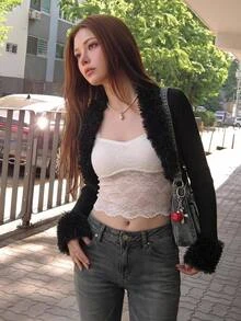Sweetina 纯色毛绒边前开短款秋装女式夹克 - 黑色 - 查看 1