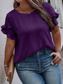 EMERY ROSE Plus Size Women Casual Solid Color Petal Sleeve Round Neck Blouse Chic - Purple - View 3