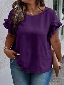 EMERY ROSE Plus Size Women Casual Solid Color Petal Sleeve Round Neck Blouse Chic - Purple - View 5