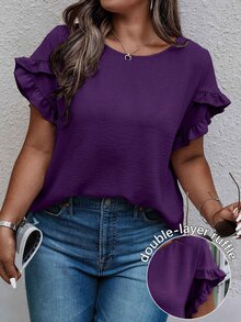 EMERY ROSE Plus Size Women Casual Solid Color Petal Sleeve Round Neck Blouse Chic - Purple - View 1