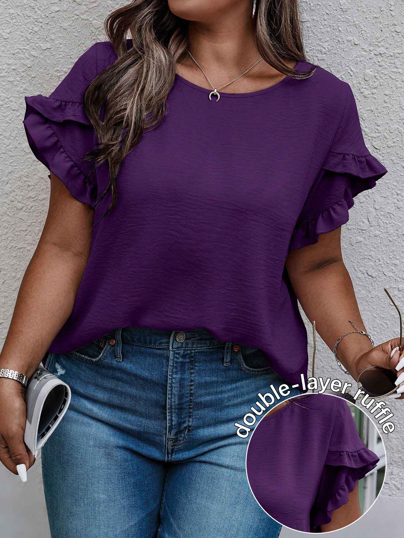 EMERY ROSE Plus Size Women Casual Solid Color Petal Sleeve Round Neck Blouse Chic - Purple - View 1