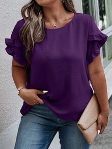 EMERY ROSE Plus Size Women Casual Solid Color Petal Sleeve Round Neck Blouse Chic - Purple - View 4