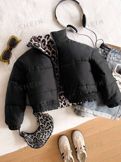 SHEIN Young Girl Leopard Print Lined Zip-Up Casual Winter Jacket