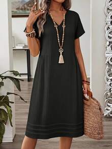 EMERY ROSE Women's Solid Color V-Neck Pleated Casual Modest Everyday Summer Dress Vacation Black Vacation Vacation - Black - View 1
