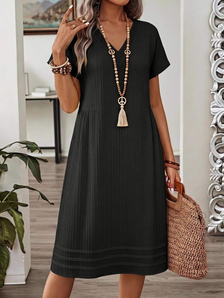 EMERY ROSE Women's Solid Color V-Neck Pleated Casual Modest Everyday Summer Dress Vacation Black Vacation Vacation - Black - View 1