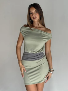 Aloruh 女款優雅休閒性感露肩撞色收腰針織迷你洋裝，鼠尾草綠，適合夏季外出與夜晚聚會 - 彩色 - 查看 4
