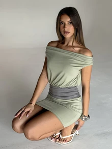 Aloruh 女款優雅休閒性感露肩撞色收腰針織迷你洋裝，鼠尾草綠，適合夏季外出與夜晚聚會 - 彩色 - 查看 7