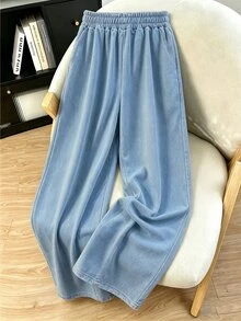 Resyla Setelan Kasual Wanita: Kaos Lengan Pendek Leher Bulat Motif Efek Denim dan Celana Panjang Pinggang Serut - MultiWarna - View 4