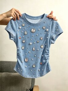 Resyla Setelan Kasual Wanita: Kaos Lengan Pendek Leher Bulat Motif Efek Denim dan Celana Panjang Pinggang Serut - MultiWarna - View 3