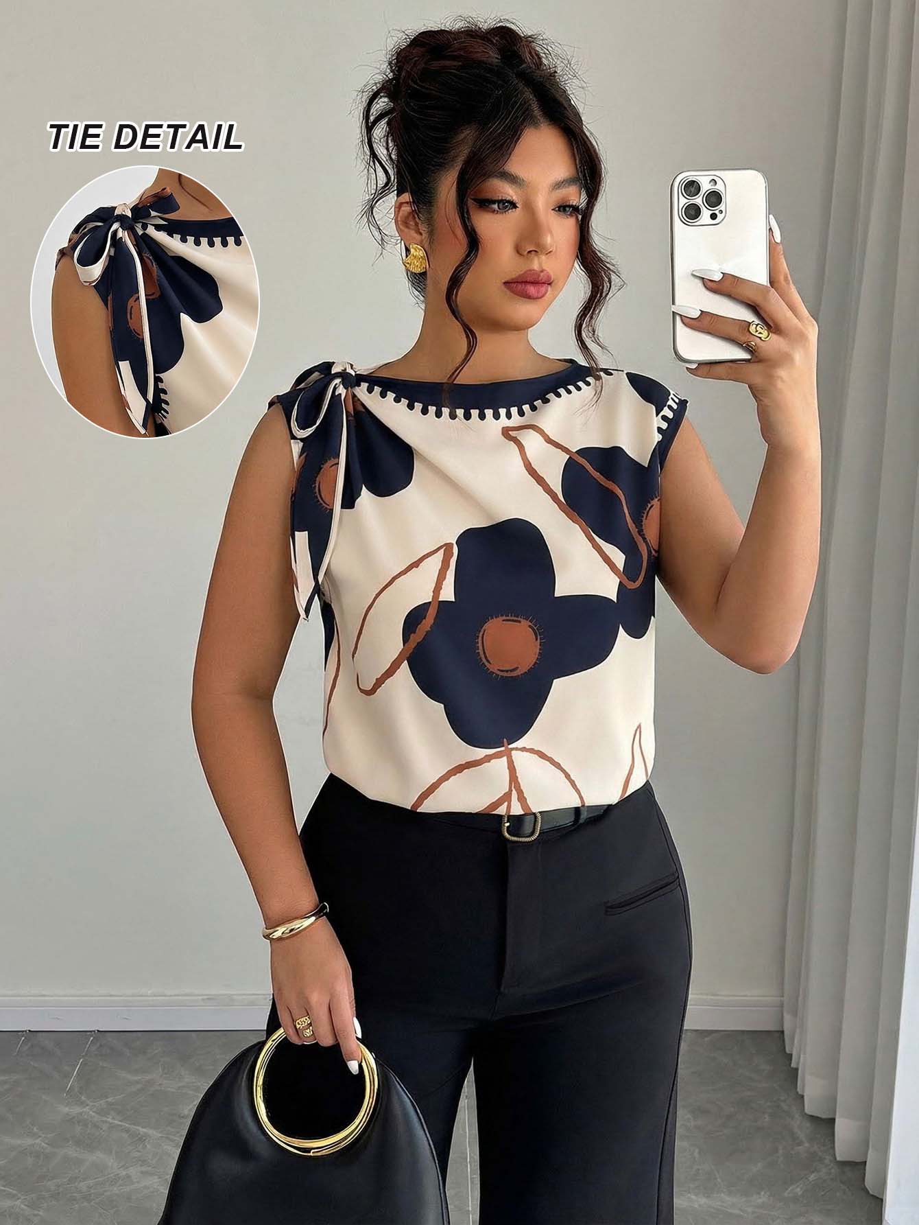 Elenzga Plus Size Women's Spring/Summer Solid Color Floral Print Tie Shoulder Blouse, Suitable For Casual, Fashion Street Style, And Office Wear Chic - Multicolor - View 1