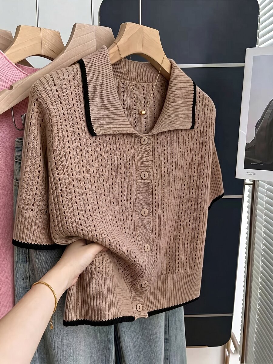 Franclia 女士休闲宽松 Polo 领短袖镂空针织撞色滚边开衫，春夏款 - 摩卡棕 - 查看 1