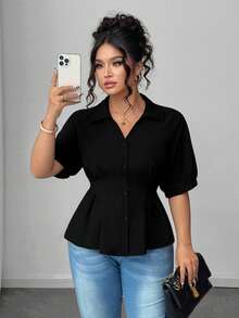 Elenzga Plus Size Women Short Sleeve Solid Color Casual Office Shirt - Black - View 3