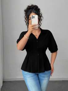 Elenzga Plus Size Women Short Sleeve Solid Color Casual Office Shirt - Black - View 7