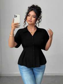 Elenzga Plus Size Women Short Sleeve Solid Color Casual Office Shirt - Black - View 8