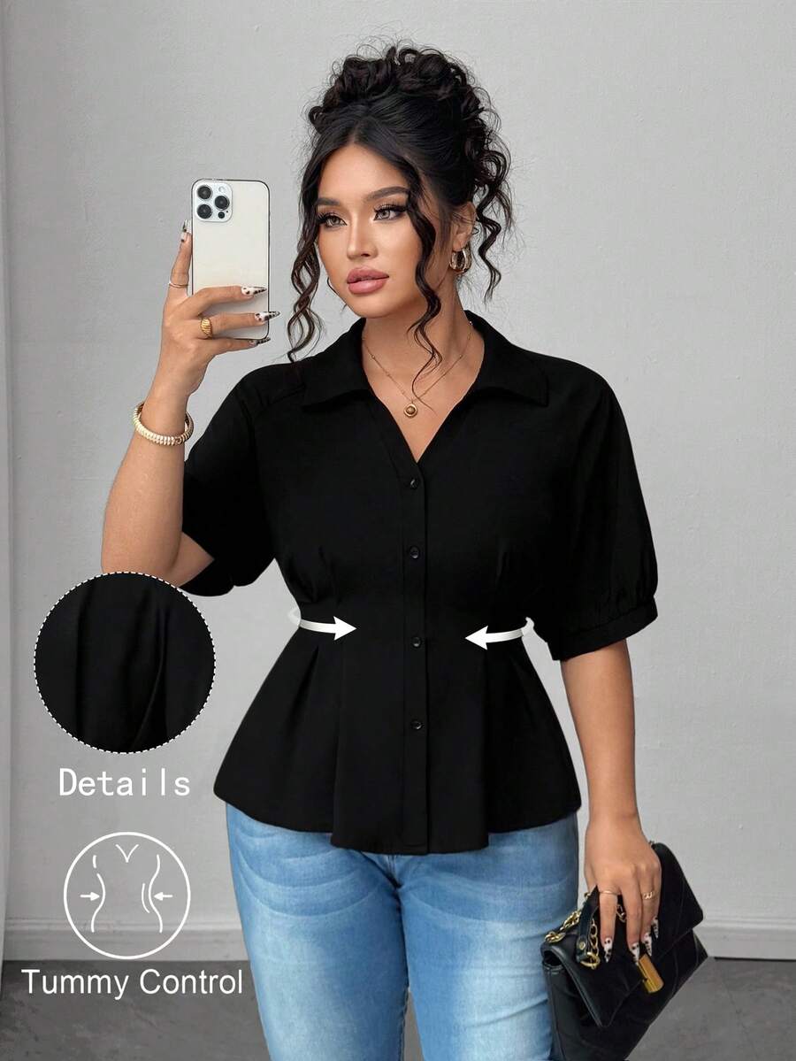 Elenzga Plus Size Women Short Sleeve Solid Color Casual Office Shirt - Black - View 1