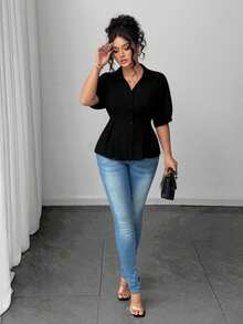 Elenzga Plus Size Women Short Sleeve Solid Color Casual Office Shirt - Black - View 6