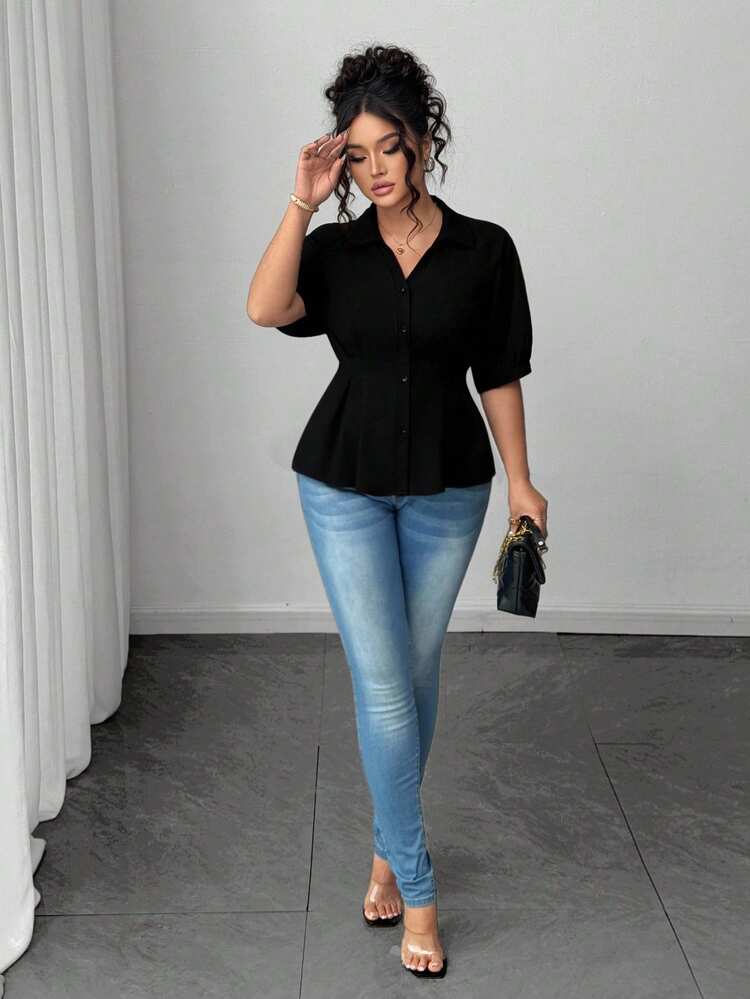 Elenzga Plus Size Women Short Sleeve Solid Color Casual Office Shirt - Black - View 6