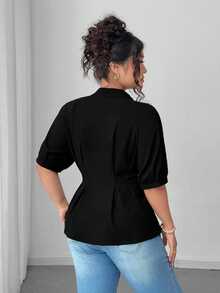 Elenzga Plus Size Women Short Sleeve Solid Color Casual Office Shirt - Black - View 2