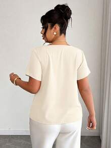 Elenzga Plus Size Women Spring/Summer Asymmetric Collar Pleated Elegant Blouse Chic - Apricot - View 2