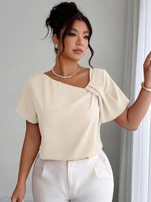 Elenzga Plus Size Women Spring/Summer Asymmetric Collar Pleated Elegant Blouse Chic - Apricot - View 4