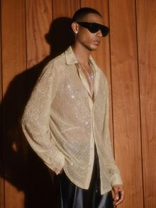 AKNOTIC Men Gold Sequin Disco Style Brown Summer Rave Sparkly Shirt, Rhinestone Glitz And Glam 70s, Knit Casual Loose Short Sleeve Shirt, Father's Day - Gold - View 4