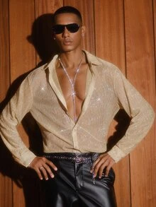 AKNOTIC Men Gold Sequin Disco Style Brown Summer Rave Sparkly Shirt, Rhinestone Glitz And Glam 70s, Knit Casual Loose Short Sleeve Shirt, Father's Day - Gold - View 5