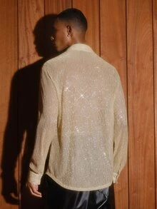 AKNOTIC Men Gold Sequin Disco Style Brown Summer Rave Sparkly Shirt, Rhinestone Glitz And Glam 70s, Knit Casual Loose Short Sleeve Shirt, Father's Day - Gold - View 3