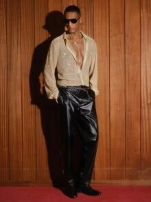 AKNOTIC Men Gold Sequin Disco Style Brown Summer Rave Sparkly Shirt, Rhinestone Glitz And Glam 70s, Knit Casual Loose Short Sleeve Shirt, Father's Day - Gold - View 8
