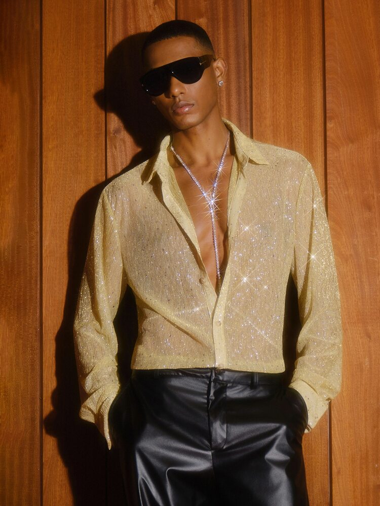 AKNOTIC Men Gold Sequin Disco Style Brown Summer Rave Sparkly Shirt, Rhinestone Glitz And Glam 70s, Knit Casual Loose Short Sleeve Shirt, Father's Day - Gold - View 8