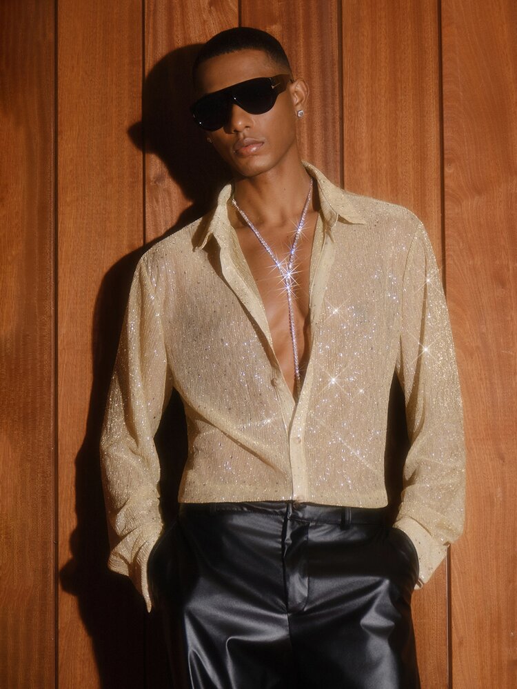 AKNOTIC Men Gold Sequin Disco Style Brown Summer Rave Sparkly Shirt, Rhinestone Glitz And Glam 70s, Knit Casual Loose Short Sleeve Shirt, Father's Day - Gold - View 1