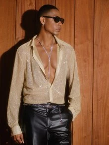 AKNOTIC Men Gold Sequin Disco Style Brown Summer Rave Sparkly Shirt, Rhinestone Glitz And Glam 70s, Knit Casual Loose Short Sleeve Shirt, Father's Day - Gold - View 6