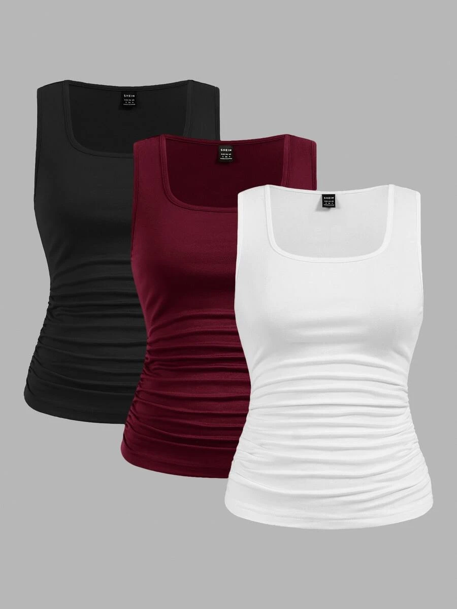 SHEIN LUNE 3pcs Solid Color White Black Burgundy Crew Neck Tight Fit Camisole Tops, Versatile For Summer Outings, Layering,Casual Daytime Everyday - Multicolor - View 1