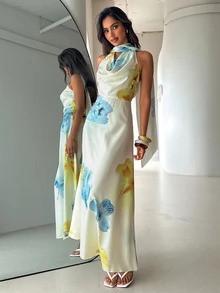 Aloruh 女款黃色垂領A字版型飄逸綁帶背後洋裝 - 彩色 - 查看 4