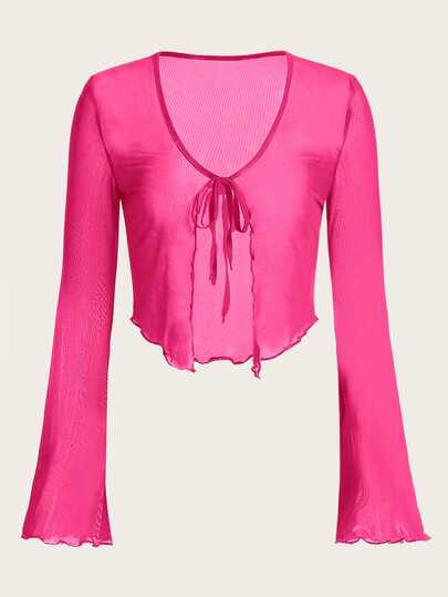 SHEIN ICON Top corto con nodo frontale orlo lattuga maniche svasata