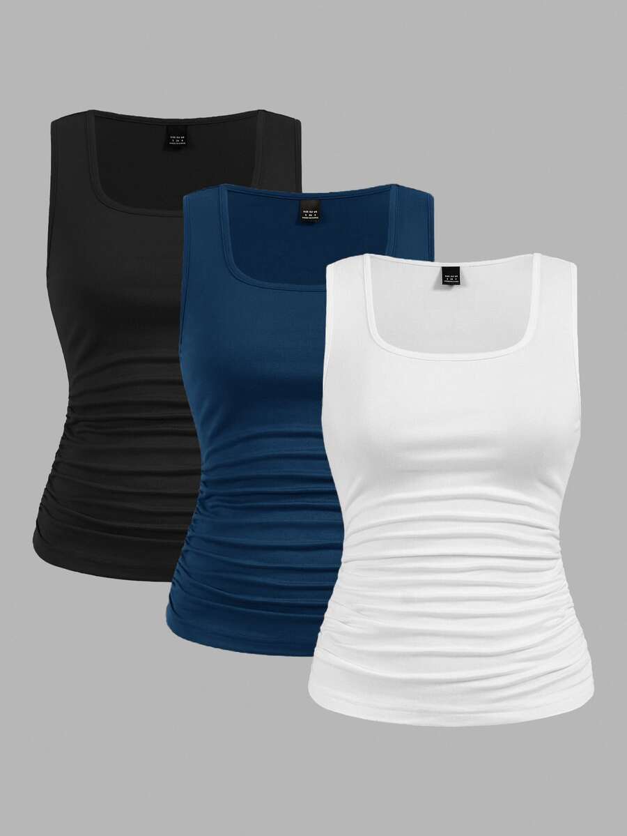 SHEIN LUNE 3pcs Women's Slimming Solid Color Square Neck Fitted Tank Tops, Casual & Versatile, Suitable For Summer Sleeveless Top Ladies Clothes,Summer Top - Multicolor - View 1