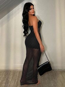 SHEIN SXY 女款波點網紗拼接性感透視抹胸洋裝，黑白波點，適合夜店派對之夜，夏季穿搭 - 黑與白 - 查看 3