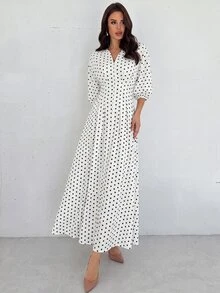 Firerie 女款優雅法式夏季通勤辦公度假浪漫精緻V領燈籠袖抓褶腰A字白色黑波點洋裝 - 黑與白 - 查看 12