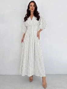 Firerie 女款優雅法式夏季通勤辦公度假浪漫精緻V領燈籠袖抓褶腰A字白色黑波點洋裝 - 黑與白 - 查看 14