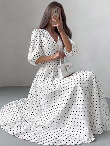 Firerie 女款優雅法式夏季通勤辦公度假浪漫精緻V領燈籠袖抓褶腰A字白色黑波點洋裝 - 黑與白 - 查看 15
