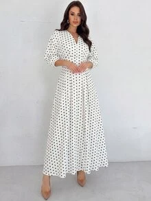 Firerie 女款優雅法式夏季通勤辦公度假浪漫精緻V領燈籠袖抓褶腰A字白色黑波點洋裝 - 黑與白 - 查看 9
