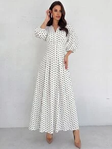 Firerie 女款優雅法式夏季通勤辦公度假浪漫精緻V領燈籠袖抓褶腰A字白色黑波點洋裝 - 黑與白 - 查看 13