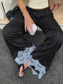 Comfortcana 女款蕾絲拼接條紋長褲 - 黑色 - 查看 1