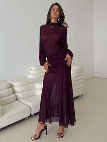Aloruh Elegant Sexy Purple Sheer Mermaid Dress - Red Violet - View 3