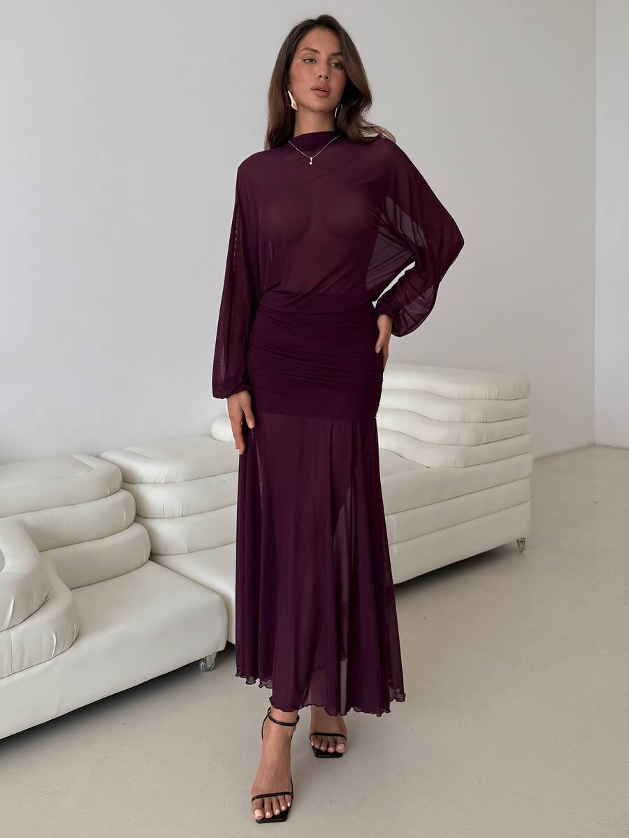 Aloruh Elegant Sexy Purple Sheer Mermaid Dress - Red Violet - View 1