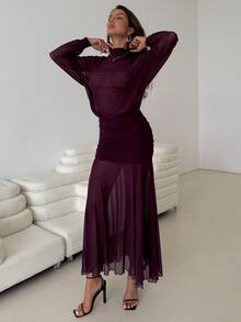 Aloruh Elegant Sexy Purple Sheer Mermaid Dress - Red Violet - View 4