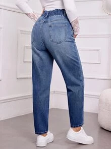 SHEIN 孕婦破洞口袋休閒百搭牛仔褲 - 藍色 - 查看 3